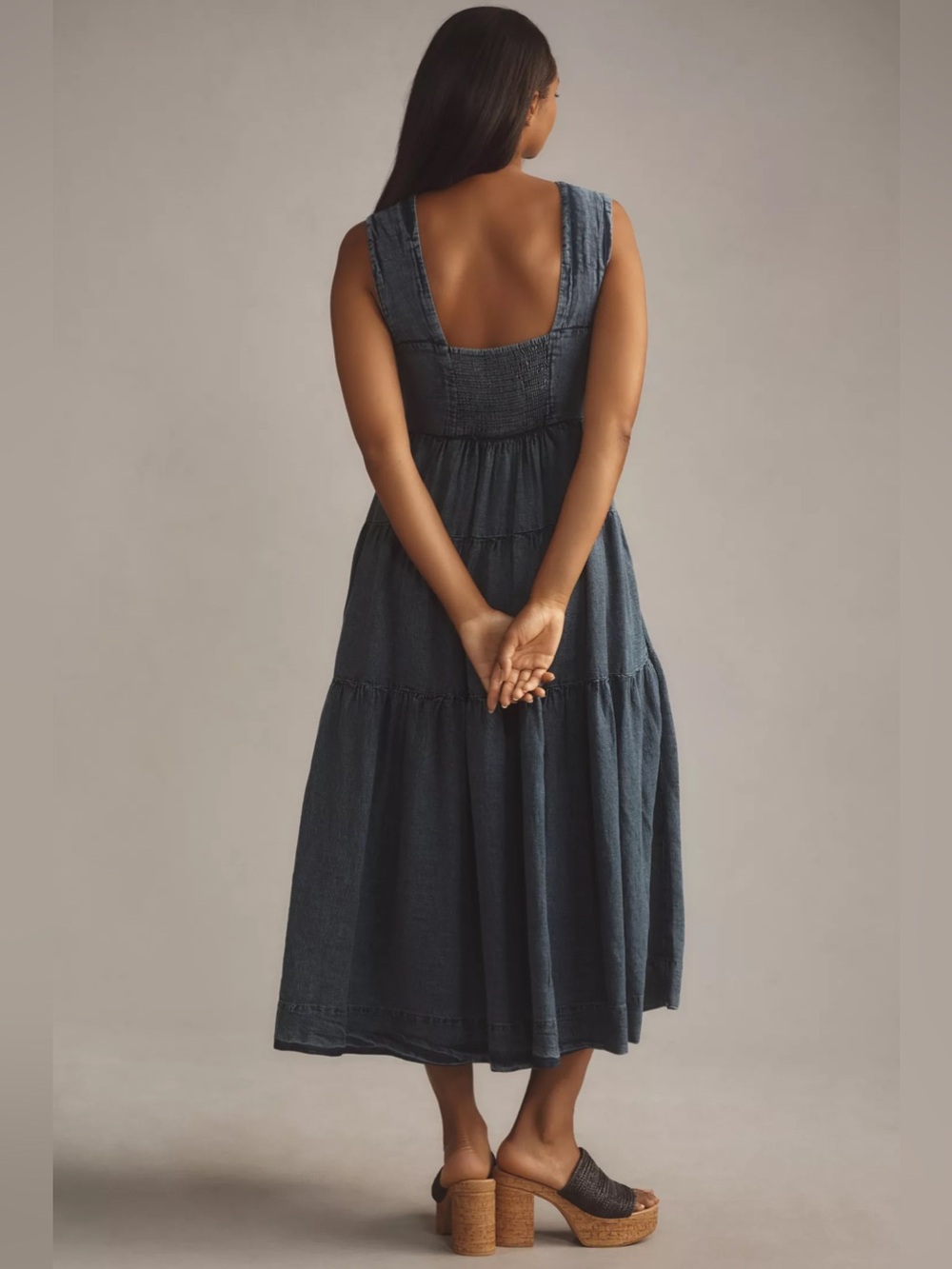 Helena Square-Neck Tiered Denim Midi Dress by Anthropologie XL - Picture 7 of 10